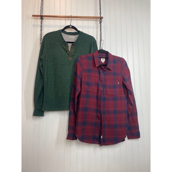 J. Crew - Vans Red Plaid Button Up Shirt - Green Henley Sweater Mens Bundle Sz S - Picture 1 of 7